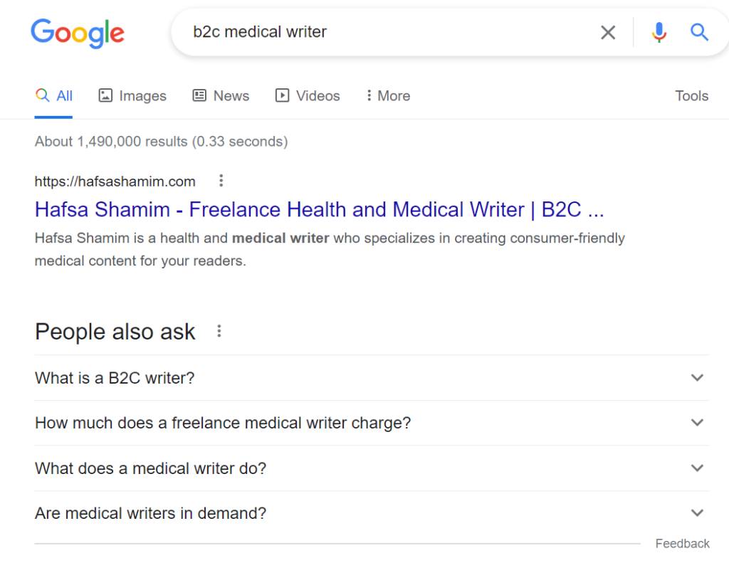 b2c medical writer screenshot ranking 1 in google